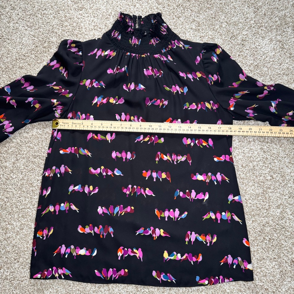 Kate Spade New York Womens Size S Bird Print Smocked High Neck Blouse Black - Picture 5 of 14